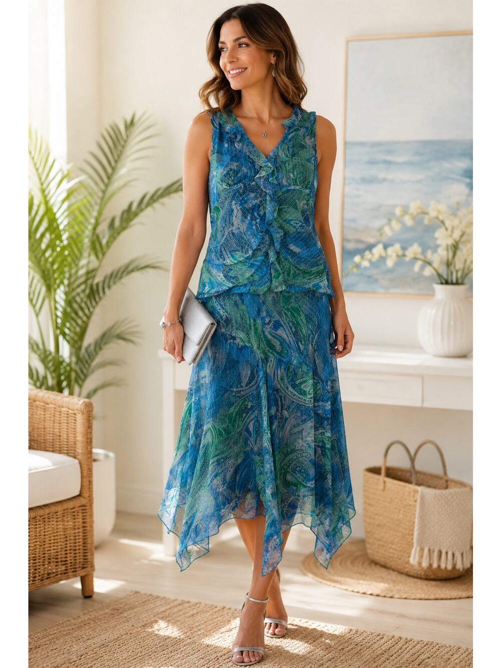ICE Silk Paisley 2 Piece Skirt Set Size 14 Blue Aqua Ruffle Top Handkerchief Hem